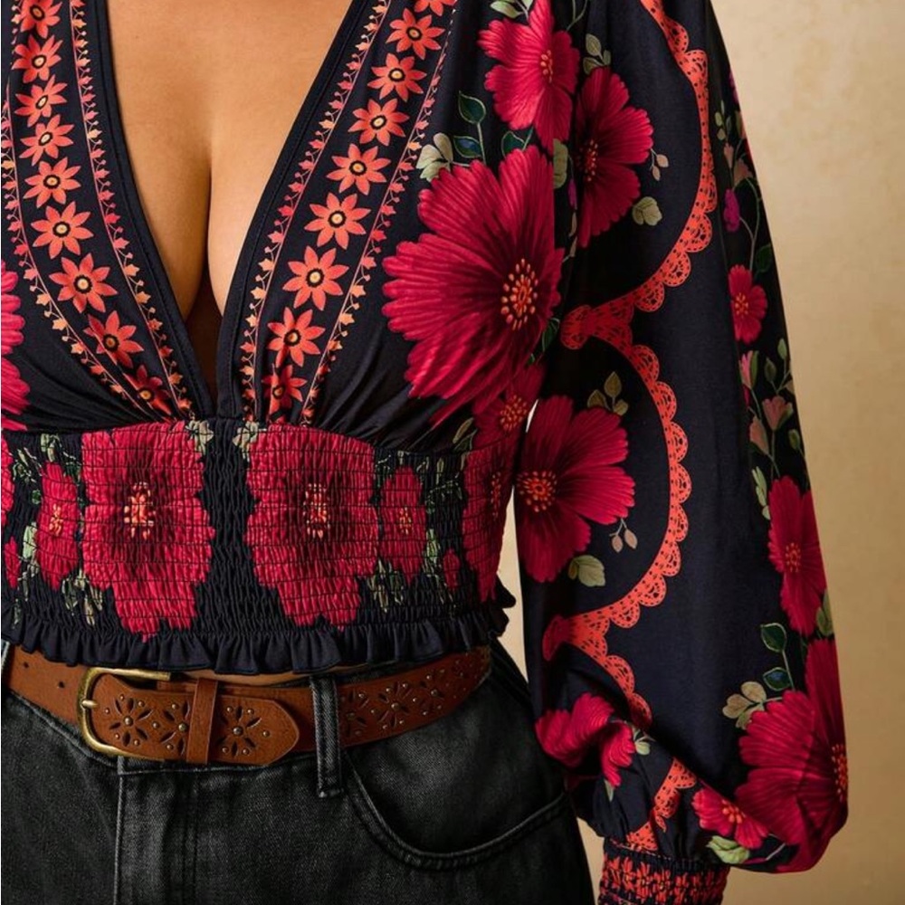 Plus Size Romantic Bohemian Floral Print Long Sleeve Tie Front Blouse Shirt - Picture 4 of 14